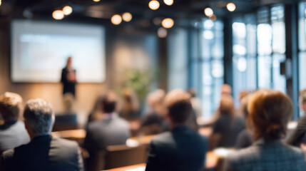 Naklejka premium blurred shot from the back of a modern conference room shows the blurred silhouettes of young businesspeople listening to a presentation, with a projector screen visible in front