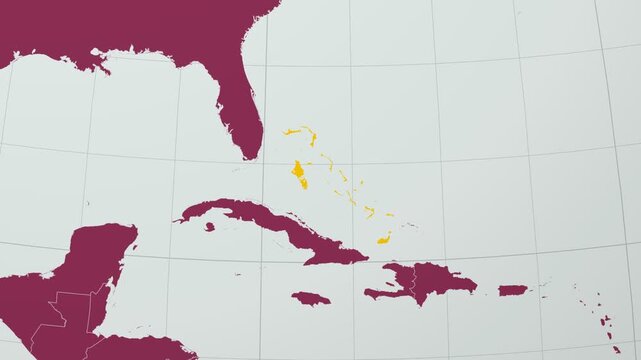 Bahamas map. Animated zoom into the country on the Globe in Pale Mint Dark Pink color palette. Country logo animation with round text and airplanes. Map with meridians, parallels. Alive video.