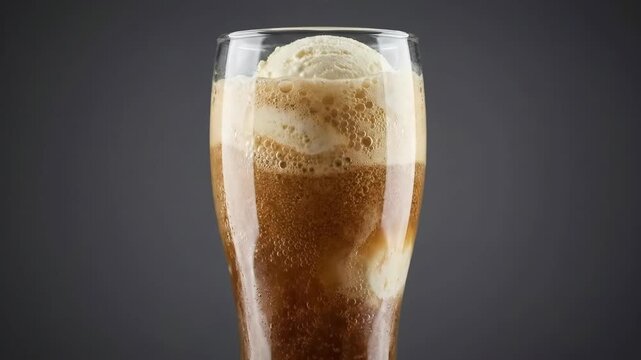 Root Beer Float with Vanilla Ice Cream and Rising Fizzy Bubbles in Glass 4K