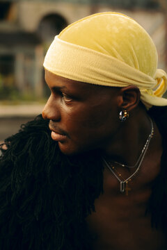 Portrait of an African man with a durag