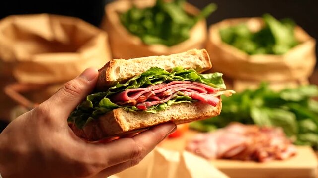 Hand holding a freshly made sandwich.