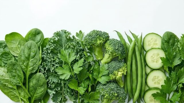 A commercially pristine healthy vegetable border of spinach kale parsley broccoli florets green beans and cucumber slices all arranged on a clean white surface realistic animation high