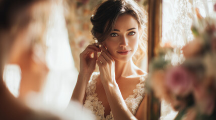 Fototapeta premium elegant blonde bride putting on earrings in a floral room, beautiful bride in lace wedding dress getting ready, ethereal bridal portrait with soft morning light and flowers