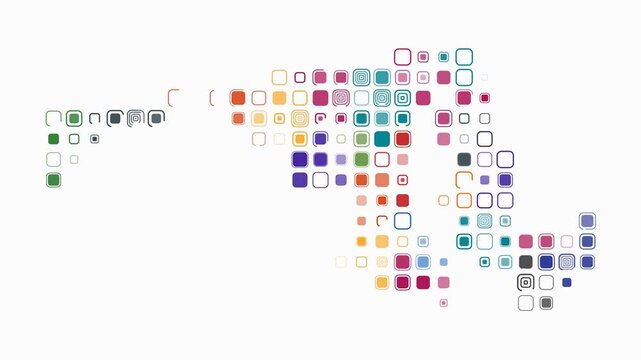 Maryland animation. Shape of the state with pulsating colored dots. Large size rounded square blocks. Digital style map on white background. Amazing video.