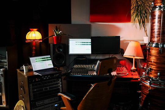 Professional recording studio setup at night