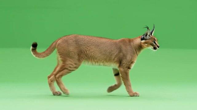 Caracal Wild Cat Close Up Portrait Looking at Camera on Green Background