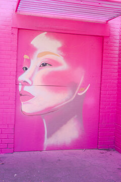 Pink Street Art Mural Portrait of a Woman Painted on Brick Wall in Urban Alley. Editorial Use Only Feb 20, 2026 St. Petersburg, FL USA. Bold pink mural portrait of a woman spray-painted on a brick wal