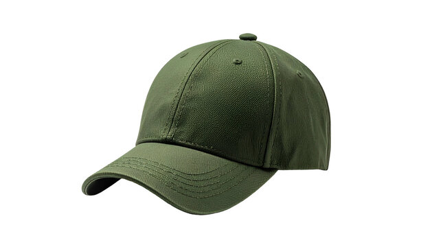 A simple, olive-green baseball cap, three-quarters view, isolated on a black background