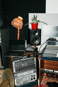 Music production workspace with sound equipment 