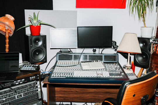 Music production workspace with sound equipment 