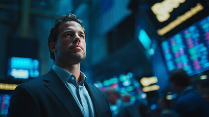 Fototapeta premium elite male stock trader standing on wall street trading floor, confident professional broker analyzing market trends on digital boards, successful financial expert 