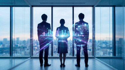 高層ビルの窓から都市を見下ろすビジネスチームに、きらきらと輝く光のネットワークがなめらかに重なるビジュアルです。未来への希望や革新的なビジョンを力強く表現しており、IT企業の採用やグローバル展開の広報などに最適です。