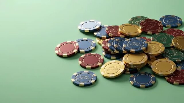High Stakes Casino Chips on Green Background with Copy Space 4K