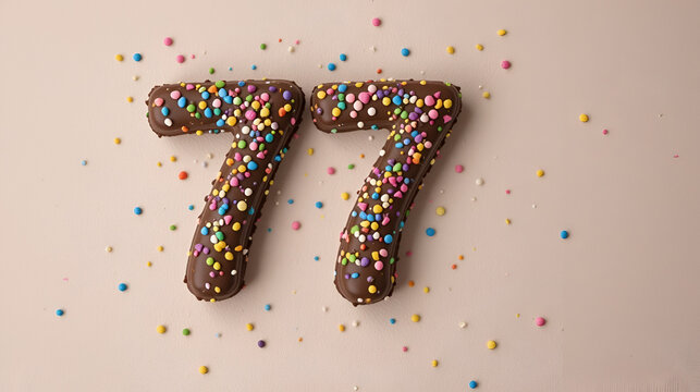 Chocolate number 77 covered with nonpareils and sprinkles on solid background. Photo for birthday or anniversary party