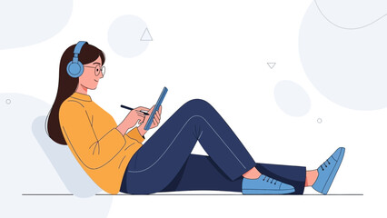 Obraz premium Young woman with headphones drawing on tablet, listening to music, creative hobby