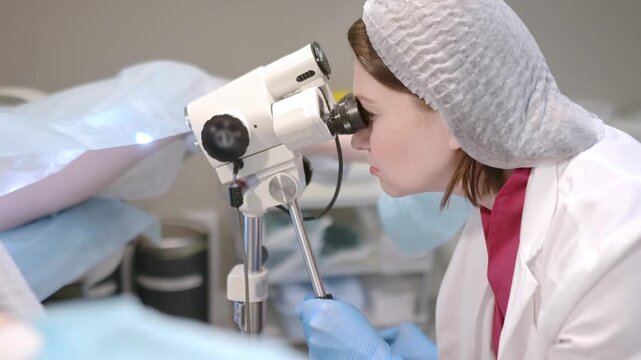 Gynecologist examines a patient using microscope in a gynecological chair. Doctor performs a colposcopy on a young girl in a modern medical office. Prevention and diagnosis of cervical cancer.