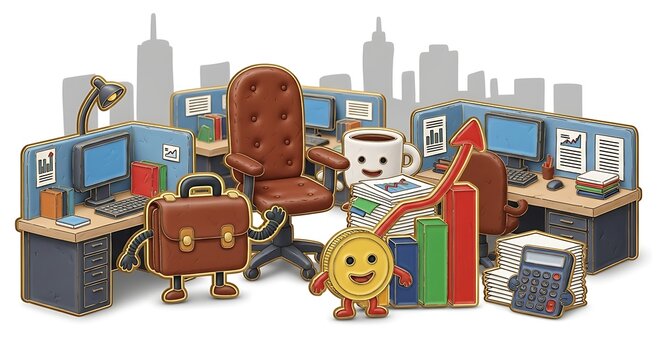 Office scene with cartoon character sitting at desk surrounded by computers and office supplies near briefcase and graphs in city environment Whisk_213b0ae70ce69f2b95d43fe821152f21dr.jpg