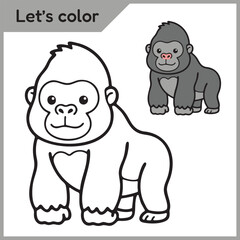 Naklejka premium Cute cartoon gorilla ape coloring page for kids with color reference