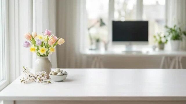 White wooden table with spring flowers and easter eggs in sunny home office 4k