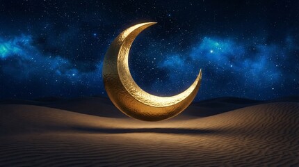 Golden Crescent Moon over Desert Night Sky for Ramadan Background 
