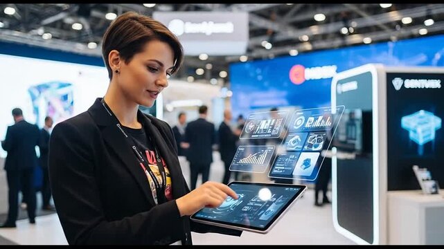 Businesswoman interacting with futuristic holographic interface at a technology exhibition