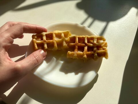 waffles with condensed milk on a plate