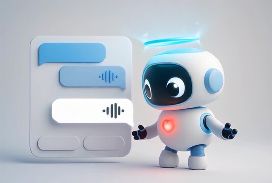 Cute White AI Robot with Voice Message Chat Interface on Light Background