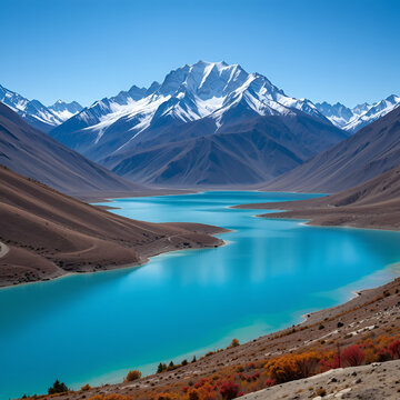 A Five colour lake landscape view; Snow mountain, crystal clear lake with a deep blue color, blue sky at Yading National Nature Reserver