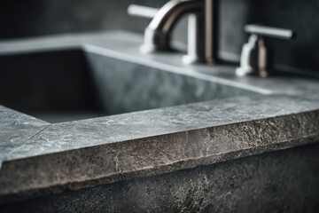 Obraz premium Modern bathroom sink with stone counter shows clean design and simple lines, highlighting the faucet and details of the surface in a stylish setting