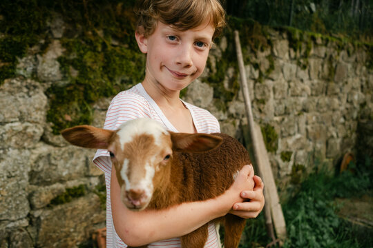 boy holding a little lamb