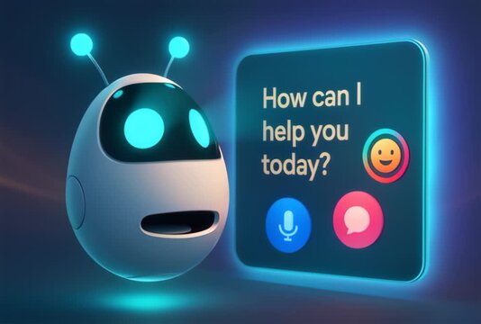 Cute AI Robot Assistant with How Can I Help You Today Interface on Dark Background