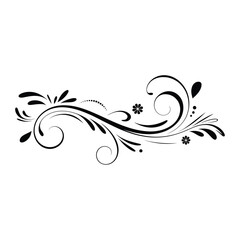 Fototapeta premium Elegant black floral swirl design with leaves and small flower accents