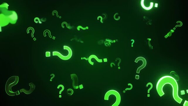 Dark background filled with glowing green question marks of varying sizes and orientations, symbolizing mystery and inquiry.