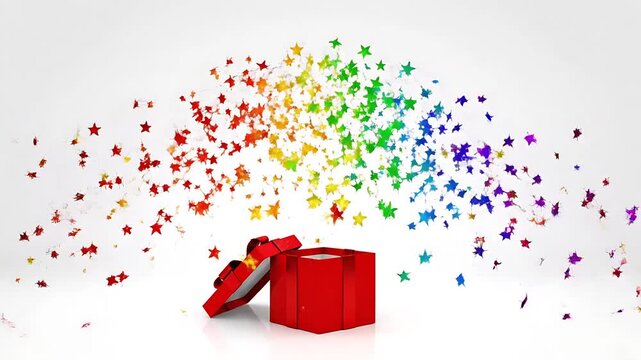 A vibrant red gift box with a ribbon, from which a shower of colorful stars explodes outward