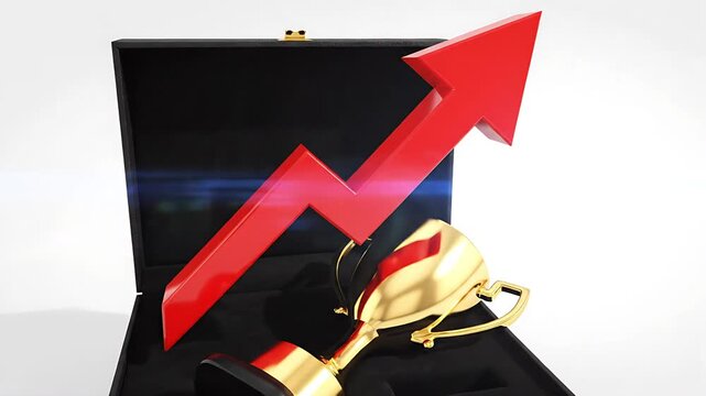 An image depicting growth and success, with a red arrow rising upwards alongside a golden trophy, symbolizing achievement and progress within a case
