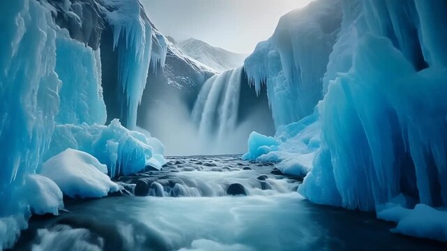 Frozen Waterfall Landscape Scene.
