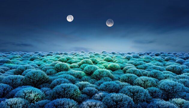 Two moons hang in the dark night sky above a surreal, glowing landscape of blue and green foliage