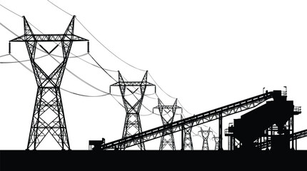 Industrial power transmission towers and coal mining facility silhouette with conveyor system, high-voltage lines, and energy infrastructure illustrating heavy industry, electricity distribution, 