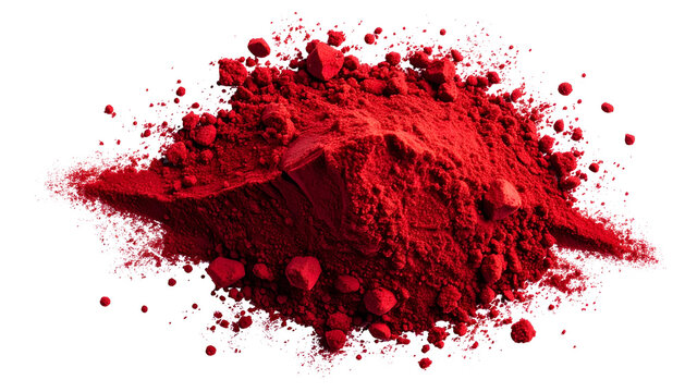 A vibrant, textured heap of finely ground red pigment against a stark black background