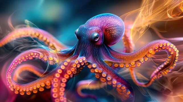 A colorful octopus with detailed skin and tentacles is centered. Its tentacles are spread outwards against a blurred background. AI.