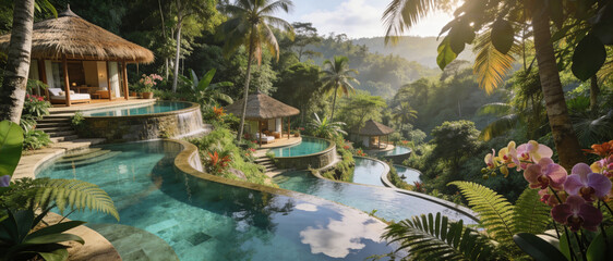 Panoramic View of a Luxury Tropical Spa Resort Nestled in a Lush Jungle with Tiered Infinity Pools, Thatched-Roof Balinese Villas, Exotic Orchids, and Serene Misty Mountains at Golden Hour Sunrise.