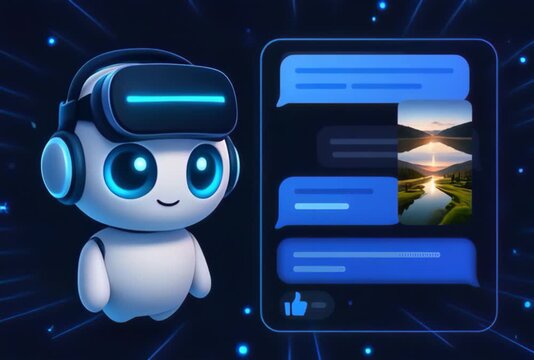 Cute White AI Robot with VR Headset and Chat Image Interface on Dark Background