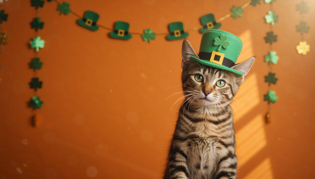 Adorable tabby domestic shorthair cat wearing a green leprechaun hat with a shamrock. Festive kitten celebrating St. Patrick's Day against a warm orange background with decorations