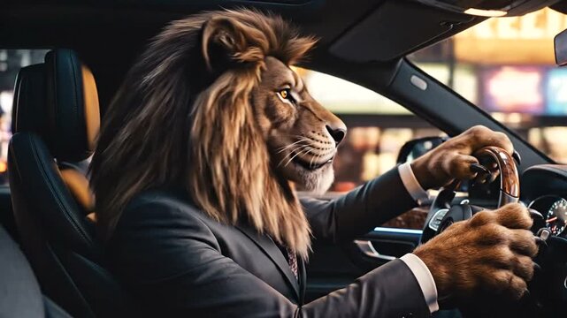 Lion in Suit Driving Luxury Car.