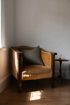 Velvet vintage bedroom armchair close up