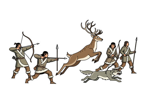 Hunters chasing deer with dogs.