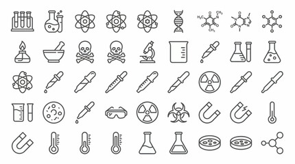 Naklejka premium Collection of laboratory science and chemistry thin line icons featuring flasks, atoms and research equipment, concept for scientific study, educational graphics and biotech UI design
