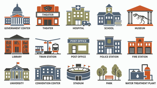 Flat vector set of city building icons and public infrastructure symbols including hospital, school, theater and library, concept for urban planning, municipal web design and map presentation