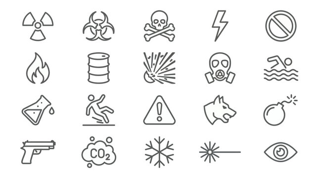 Minimalist warning hazard and safety caution line icons set featuring radioactive biohazard and toxic chemical symbols, concept for industrial security, health sign and risk awareness