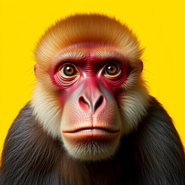 A close-up frontal view of a bald uakari on a yellow background